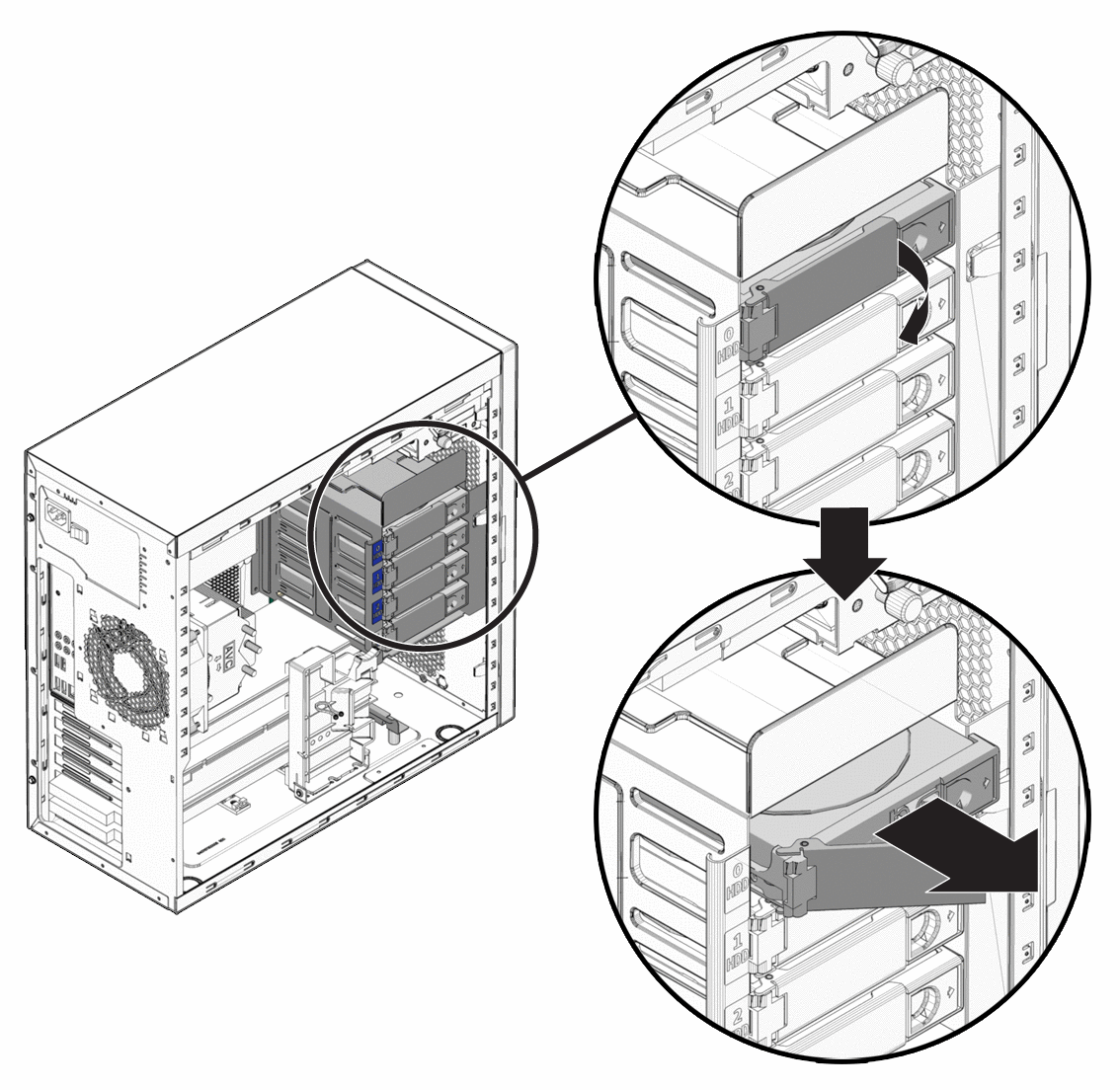 An illustration showing the removal of a hard drive from
the hard drive cage.