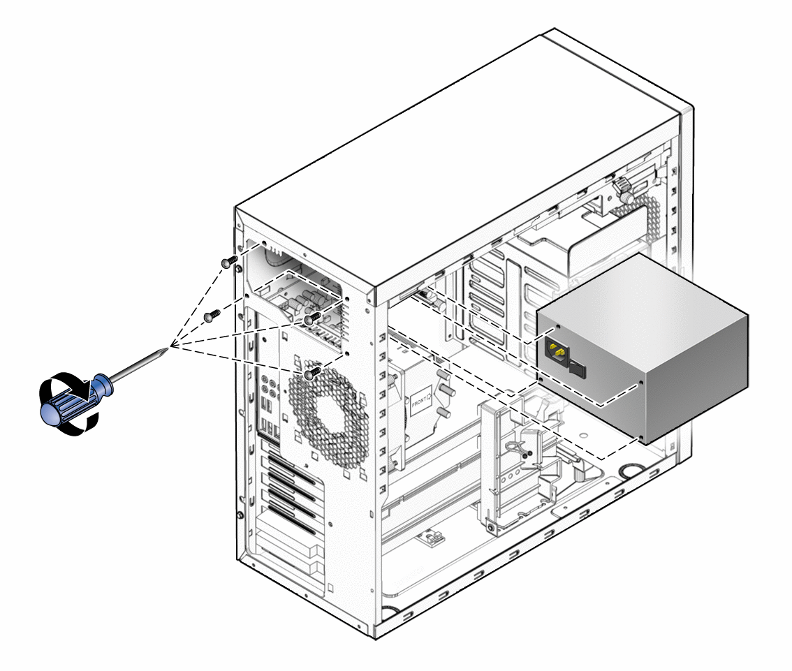 An illustration showing the installation of the power
supply.