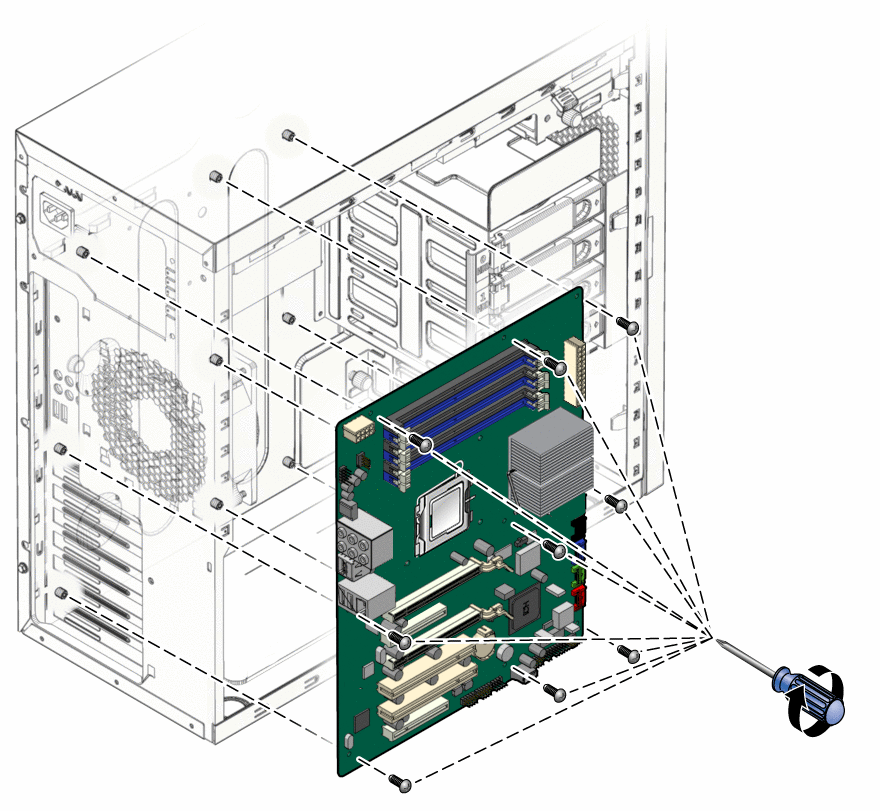 Figure showing installing the location of the motherboard
screws.