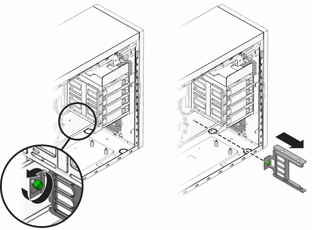 An illustration showing the removal of the hard drive
cage support bracket