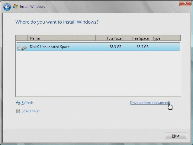 Immagine della pagina di installazione di Windows.