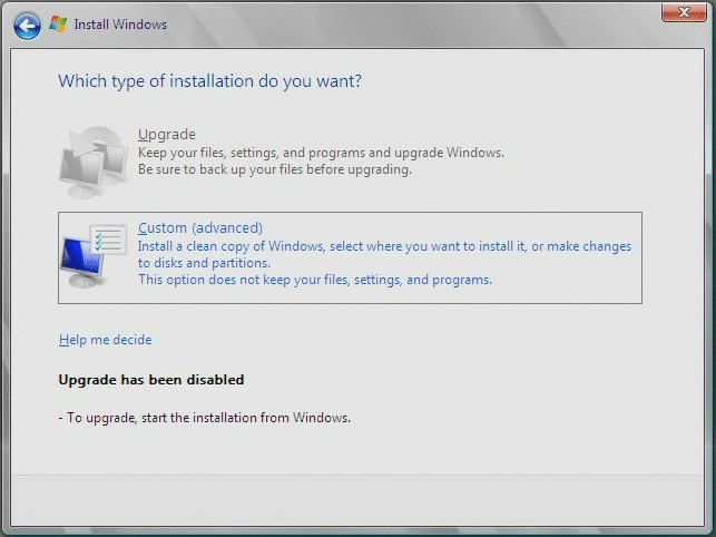 圖例顯示 Windows 選擇安裝類型頁面。