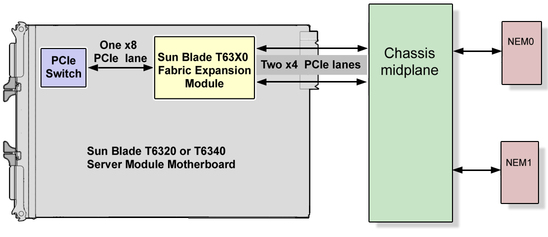 This diagram shows the FEM signal paths from
the server module to the chassis midplane and NEMs.