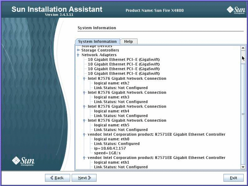 Gráfico que muestra la pantalla de información del sistema del asistente de instalación de Sun.
