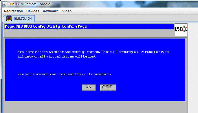Captura de la solicitud de confirmación de borrado de configuración de la utilidad de configuración de BIOS MegaRaid.