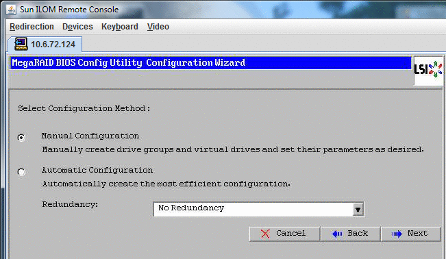 Captura de la ventana de configuración virtual de la utilidad de configuración de BIOS MegaRaid, de la configuración manual o de la configuración automática.