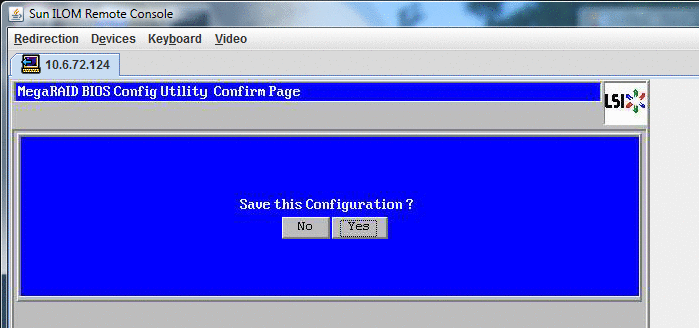 구성을 저장할지 묻는 MegaRaid BIOS Confirmation Page의 스크린샷입니다.