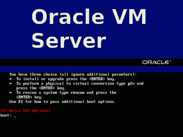 image:Graphic showing initial Oracle VM Server install screen.