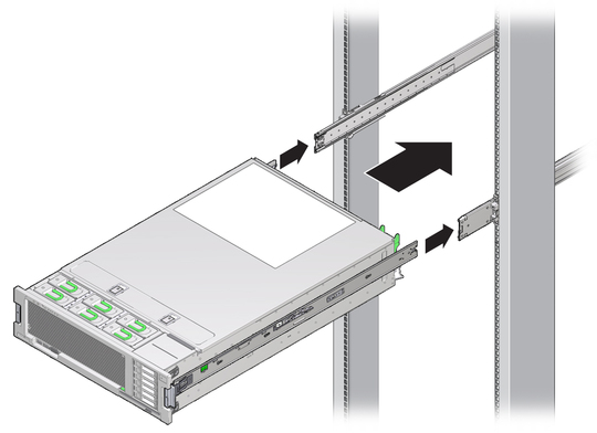 image:Graphic of inserting the server with mounting brackets into the slide rails.