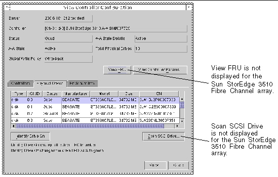 Screen capture showing the View Controller Configuration window with the Physical Drives tab displayed.