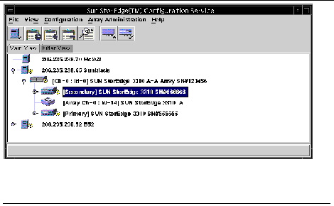 Screen capture showing the main Sun StorEdge Configuration Service window with the secondary controller selected.
