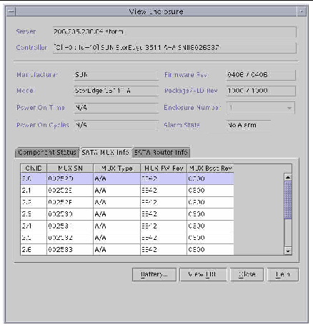 Screen capture showing the View Enclosure window with the SATA MUX Info tab displayed.