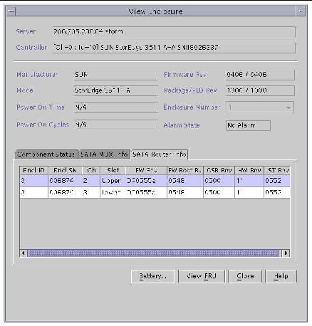 Screen capture showing the View Enclosure window with the SATA Router Info tab displayed.