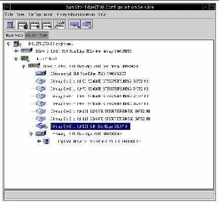 Screen capture of Sun StorEdge Configuration Service main window showing a degraded device symbol.