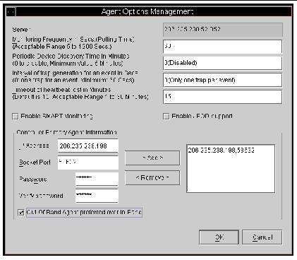 Screen capture showing the Agent Options Management dialog box with Out-Of-Band Agent preferred over In-Band check box.