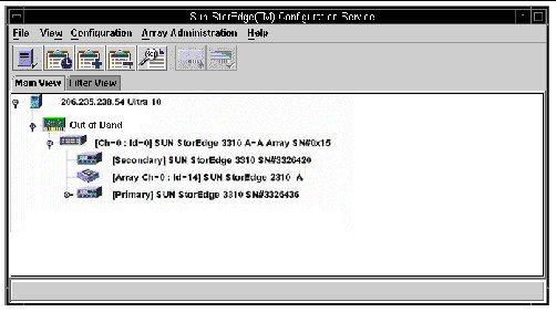 Screen capture showing the main Sun StorEdge Configuration Service window with an additional HBA for out-of-band management.