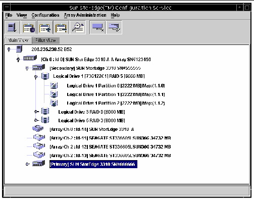 Screen capture showing main Sun StorEdge Configuration Service window in the expanded view.