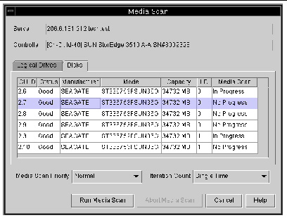 Screen capture showing the Media Scan window with the Disks tab selected.