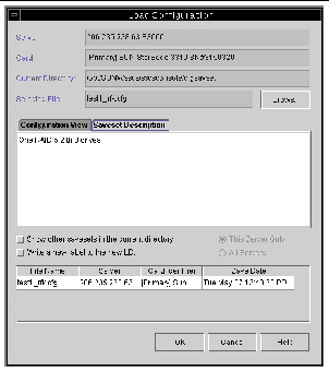 Screen capture showing the Load Configuration window with the Saveset Description tab displayed.