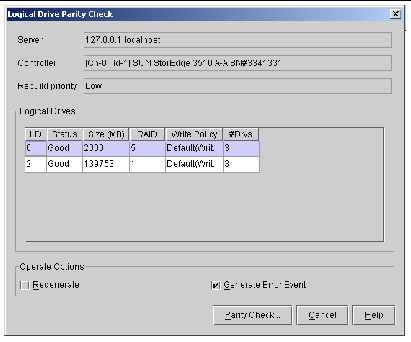 Screen capture showing the Logical Drive Parity Check window.