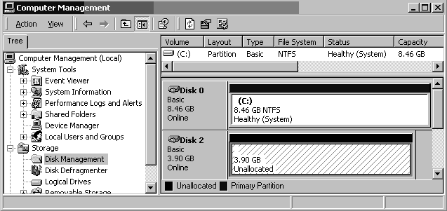 Screen capture showing the Disk Management window and disk information for each available disk.