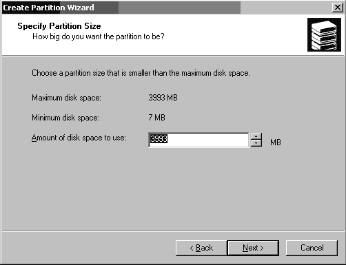 Screen capture showing the Create Partition Wizard window with partition size specified.