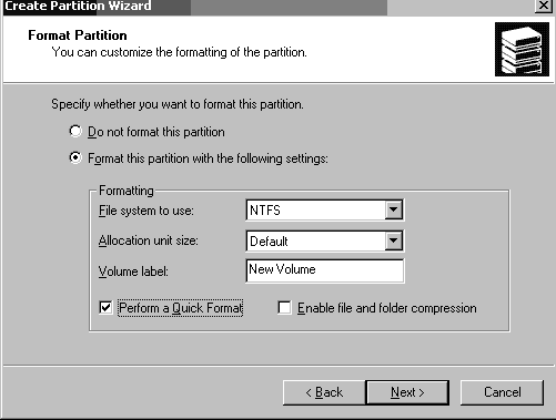 Screen capture showing the Create Partition Wizard window with partition format settings specified.