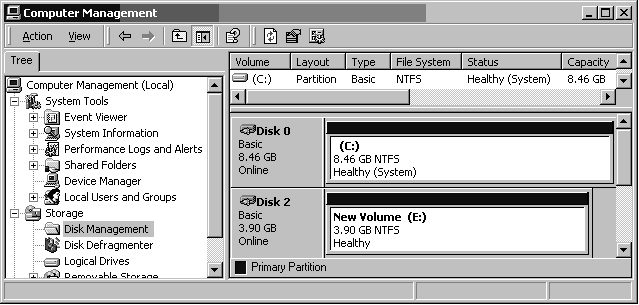 Screen capture showing the Disk Management window with the new disk format information displayed.