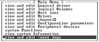 Screen capture showing the main menu with “view and edit Event logs” selected.