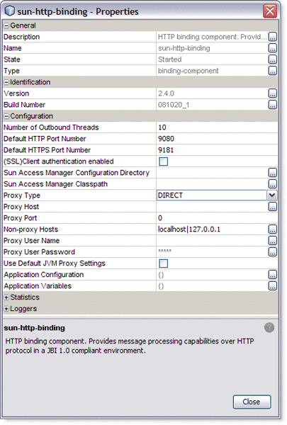 Graphic shows the HTTP Binding Component Runtime Properties
Editor dialog box. The dialog box displays the properties and their current
values.