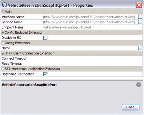 Image shows the HTTP Binding Component Client Endpoint
Properties Editor