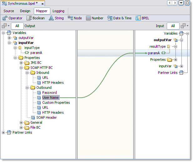Image shows the BPEL Designer Mapper view as described
in context