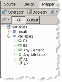 Image shows the pseudo-components, Any Element and Any
Attribute in the Mapper's Output tree.