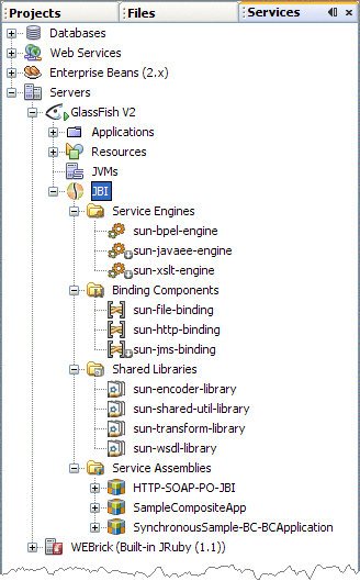 Graphic shows the JBI Manager node in the Services window.