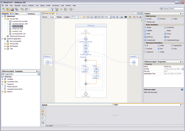 Image shows the NetBeans IDE displaying the Design
view of the BPEL Designer