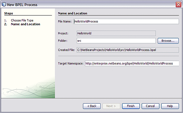 Image shows the New BPEL Process dialog box