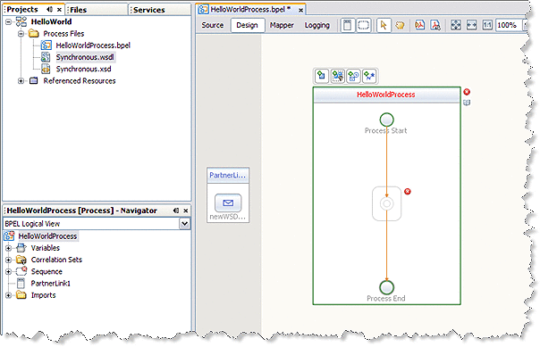 Image shows a new partner link added to the BPEL
process in the BPEL Editor