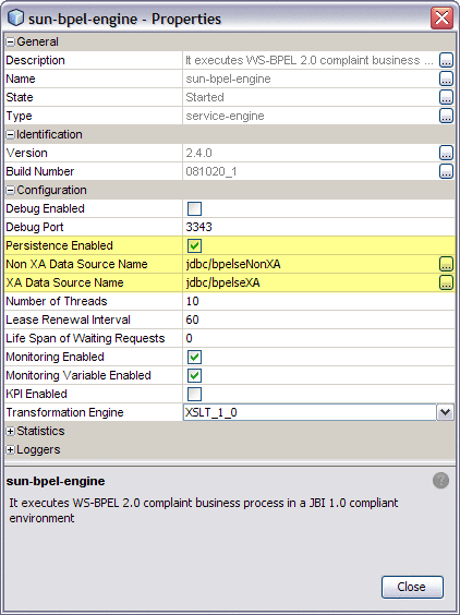Image shows the BPEL Service Engine Properties
Editor