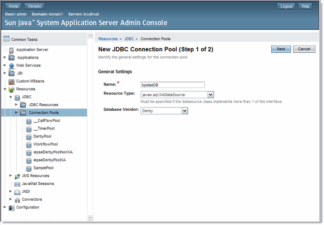 Image shows the New Connection Pool window of
the GlassFish Admin Console