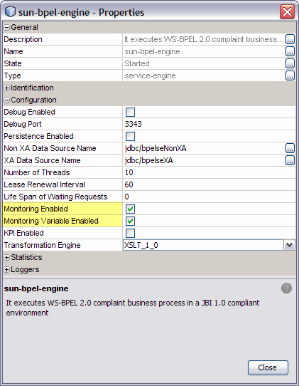 Image shows the BPEL Service Engine Properties
Editor with the monitoring properties highlighted