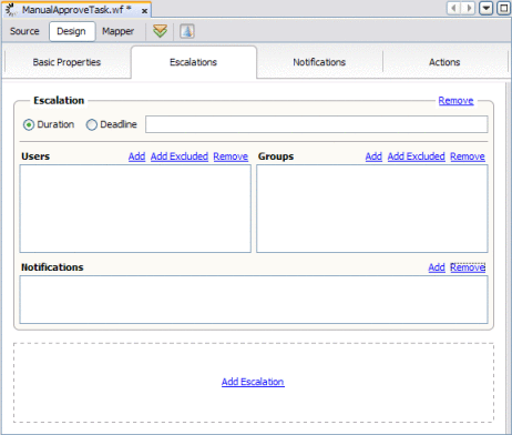 Figure shows the Escalation page of the Task
Definition Editor.