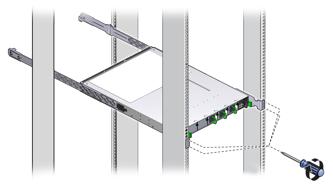 Illustration shows the switch being secured to the rack.
