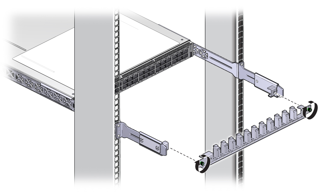 Illustration shows the cable management bracket being installed to the switch.