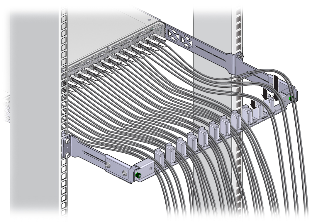 Illustration shows the InfiniBand cables being laid into the cable management bracket.