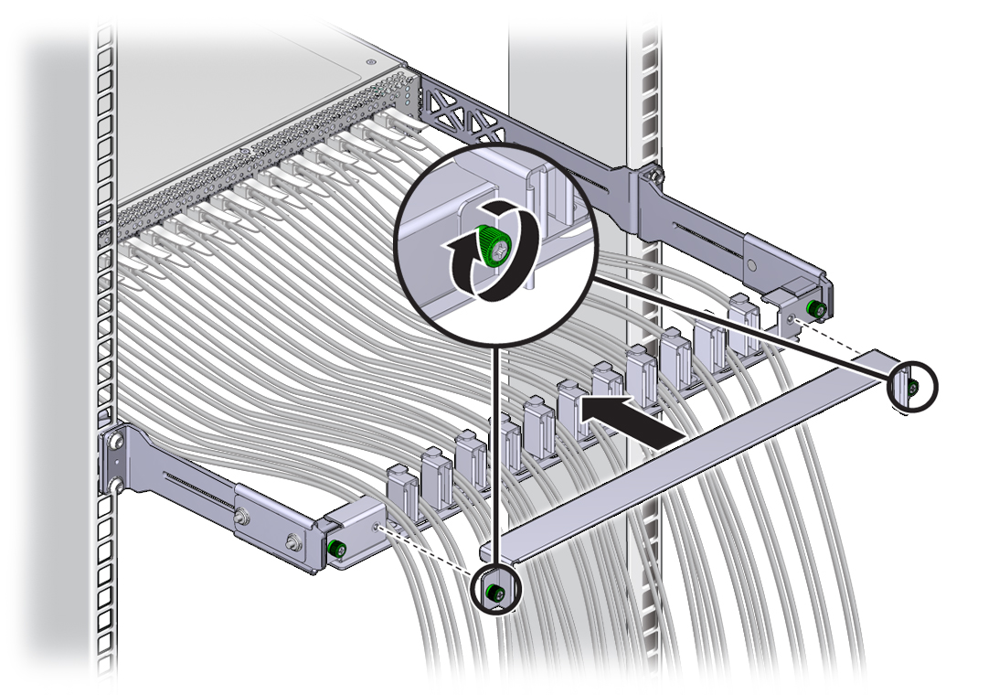 Illustration shows the cover being put on the cable management bracket.