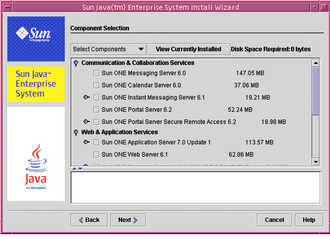 Example screen capture of the installer’s Component Selection page with Select Components selected.