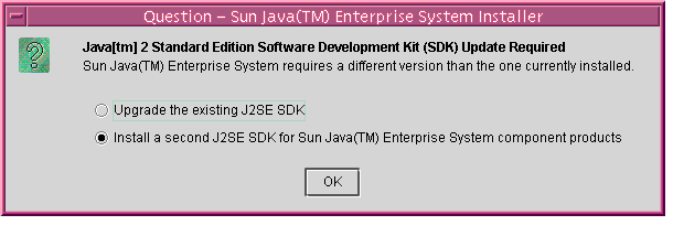 Example screen capture of the installer’s confirmation dialog for upgrading or installing a second J2SE(tm).