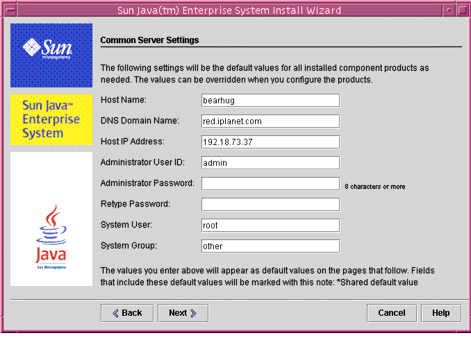 Example screen capture of the installer’s Common Server Settings page.
