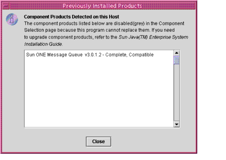 Example screen capture of the installer’s Previously Installed Products window. Shows levels of compatibility.