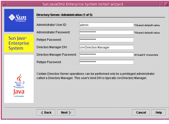 Example screen capture of the installer’s Directory Server: Administration (1 of 5) page.